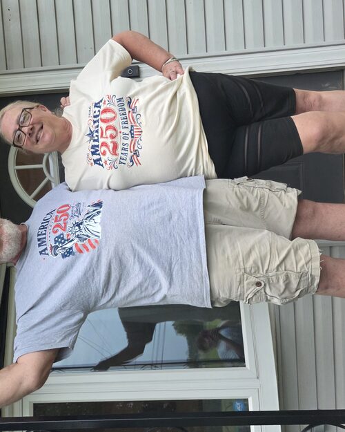 Barefoot Designs owners wearing custom tees